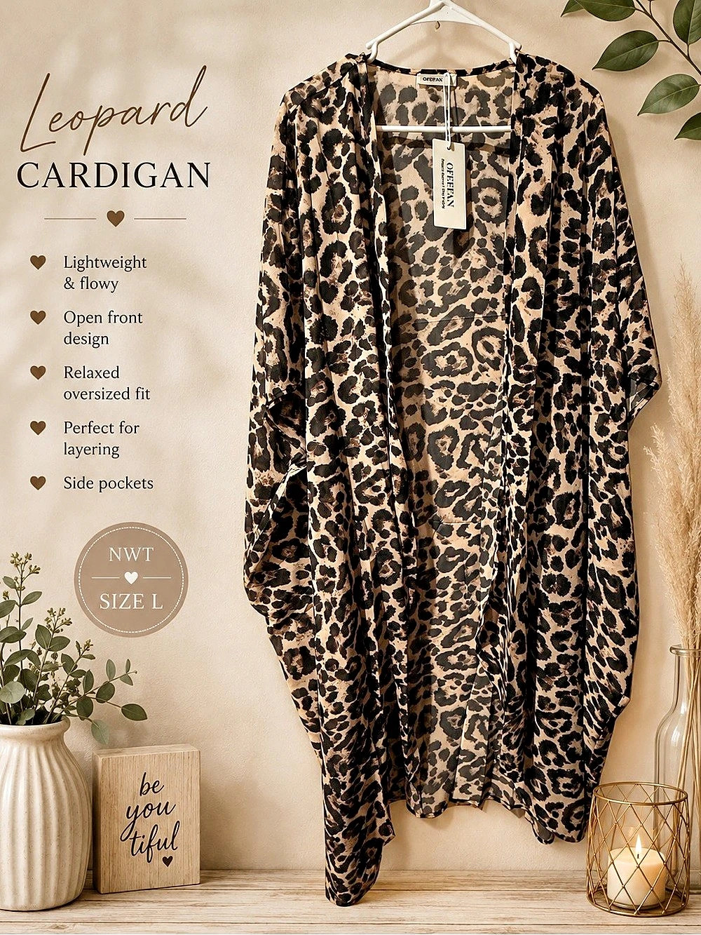 Leopard Print Open Front Cardigan NWT
